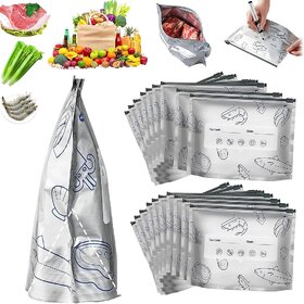 (Set of 10 Pcs) Reusable Aluminum Foil Storage Bags With Zip Lock Label Stand-Up Bottom Silver Foil Food Storage Pouches for Vegetable