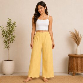 Women's Wide Leg Palazzo Pants, Elastic Waistband, Lightweight Breathable Fabric, Scallop Hem Without Pocket