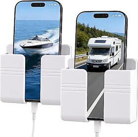 (Pack of 2) Premium Multi-Functional Wall Mobile Phone Holder | Sticky Stand for Charging & Storage | Self-Adhesive Wall Phone Holder with Hook | Bedroom, Office & Other (White & Black)
