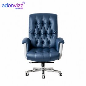 Luxury Blue Leather High-Back Office Chair with Chrome Base