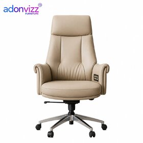 Ergonomic Beige Leather Office Chair with Tall Backrest  Chrome Base