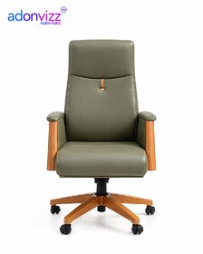 Luxury High-Back Green Leather Adjustable Office Chair with Wooden Base for Executive Comfort