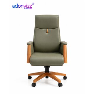 Luxury High-Back Green Leather Adjustable Office Chair with Wooden Base for Executive Comfort