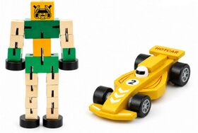2-in-1 Wooden Robot and Race Car Toy Set for Kids, STEM Learning, Ages 3+