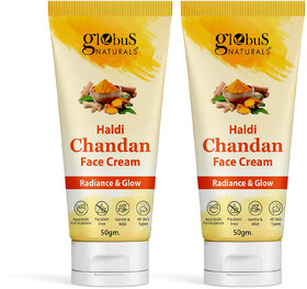 (Set of 2) Globus Naturals Haldi Chandan Glow Cream, For Glowing Skin, Helps Remove Tan, Dirt  Excess Oil, 50g