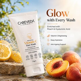(Pack of 1) CareVeda Vitamin C Face Wash with Peach  Hyaluronic Acid, Refreshing  Hydrating Cleanser, 75g