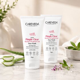 (Set of 2) CareVeda Herbal Pimple Clear Face Wash with 1 Salicylic Acid  Glycolic Acid, Aloe Vera  Vitamin E, 75g