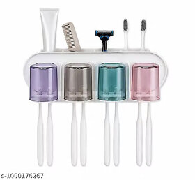 Wall Mounted Toothbrush Holder with 4 Magnetic Cups, Toothpaste Tube & Razor Stand, No Drill Bathroom Organizer for Family (Multicolor)
