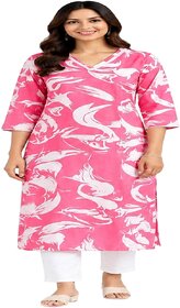 Elegant Pink Printed Kurti for Women  V-Neck, Three-Quarter Sleeves, Knee-Length  Stylish  Breathable Casual Wear