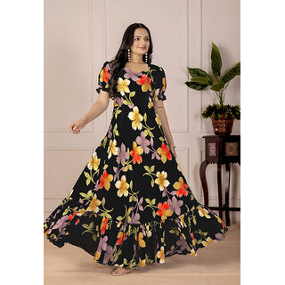 Fancy Flair Women Black Short Sleeve Printed Fit  Flare Dress
