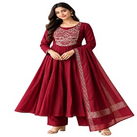 Elegant Maroon Embroidered Womens Anarkali Kurta Set with Dupatta  Bottom
