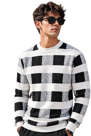 Hellknit Men's Premium Crewneck Knit Sweater  Textured Geometric Checkerboard Pattern Pullover