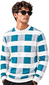 Hellknit Men's Premium Crewneck Knit Sweater  Textured Geometric Checkerboard Pattern Pullover