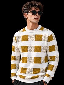 Hellknit Men's Premium Crewneck Knit Sweater  Textured Geometric Checkerboard Pattern Pullover