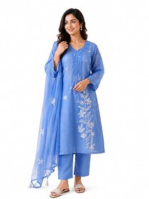 Women's Embroidered Cotton Blend Kurta Pant with Dupatta Set | Straight Kurta Ethnic Suit for Women | Blue