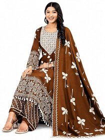 Women's Printed Anarkali Kurta Palazzo with Dupatta Set | Ethnic Floral Print Suit Set | Round Neck | Full Sleeve | Brown for Women