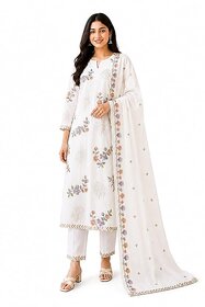 Women's White Floral Embroidered Cotton Blend Kurta Pant Dupatta Set | Printed Ethnic Suit Set | Straight Kurta with Matching Pants & Dupatta | Festive, Casual & Office Wear