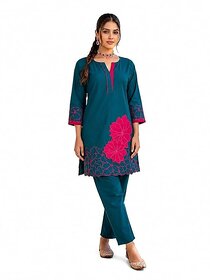 Women's Teal Blue Floral Printed Kurta Pant Set | Straight Fit Ethnic Kurta with Pants | Cotton Blend 3/4 Sleeve Casual, Office & Kurta Set for Women