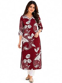 Women's Maroon Floral Printed Straight Kurta | V-Neck | Sleeves | Ethnic Kurti for Women | Casual, Office
