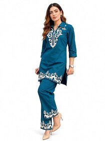 Women's Printed Kurta Pant Co-Ord Set, Teal Blue Ethnic Wear, 3/4 Sleeve Collared Kurti with Straight Pants for Office & Casual Wear