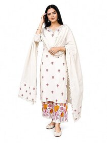 Women's Cotton Kurta Pant Dupatta Set | Off White Straight Kurta with Floral Printed Palazzo & Embroidered Dupatta | 3-Piece Ethnic Suit Set for Festive, Office, Casual & Daily Wear