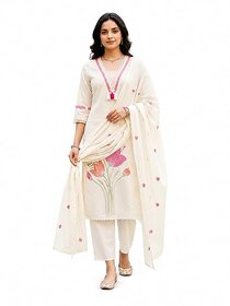 Women's Cotton Embroidered Kurta Pant Dupatta Set | Off White Floral Printed Straight Kurta with Matching Pant & Dupatta | Ethnic Suit Set for Festive, Casual, Office & Daily Wear