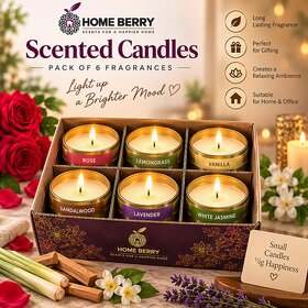 (Set of 6) Home Berry Luxury Scented Candles Rose, Vanilla, Lavender, Jasmine, Sandalwood, Lemongrass for Home Decor and Gifting