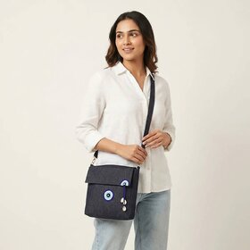 Navy Blue Denim Crossbody Bag With Floral Embellishments