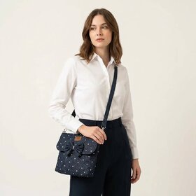 Navy Blue Polka Dot Crossbody Bag With Bow Accent