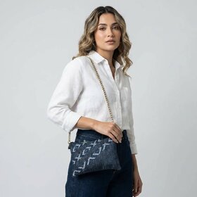 Navy Blue Handcrafted Denim Sling Bag With Chain Strap
