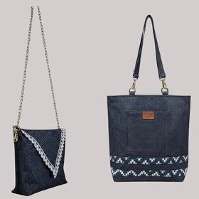 Navy Blue Denim Tote Bag And Sling Bag Combo Set With Ethnic Border