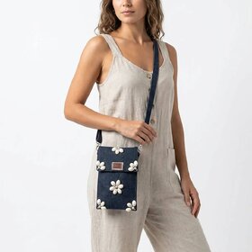 Navy Blue Denim Crossbody Bag With White Floral Embellishments Coudi Shell