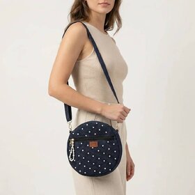 Navy Blue Polka Dot Denim Round Sling Bag