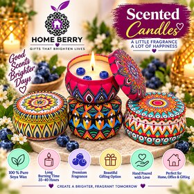 (Set of 4) Home Berry Scented Fragrance Candles | 100% Soy Wax | Blueberry, Phool Bahar, Lavender & Rose | For Home, Office & Gifting