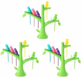 Bird Shape Fruit Fork Set Pack of 3 with Tree Holder Stand  Reusable Food Grade Plastic Snack Picks for Fruits, Desserts, Appetizers  Party Tableware