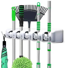 BUDJETBAZAR Wall Mounted Broom Holder  5 Slots and 6 Hooks Heavy Duty Mop Organizer for Kitchen, Bathroom, Garage and Garden, Drill or Adhesive Mount