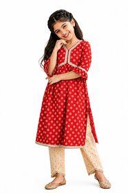 MMW Girls Red Outfit Set  Empire Kurti  Bottom  Premium Cotton.