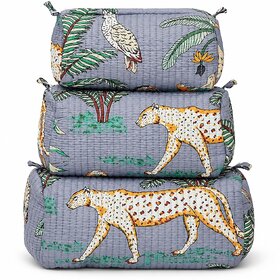 Handblock Printed Quilted Toiletry  Cosmetic Bag Set