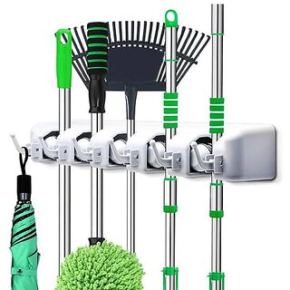 BUDJETBAZAR Wall Mounted Broom Holder  5 Slots and 6 Hooks Heavy Duty Mop Organizer for Kitchen, Bathroom, Garage and Garden, Drill or Adhesive Mount