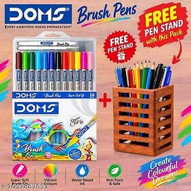 Brush Pens 14 Pcs Combo Set with FREE Wooden Desk Pen Stand | Art Supplies, Drawing Pens and School Stationery