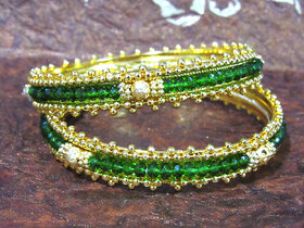 Golden and Green Glass Beads Bangles Set of 2