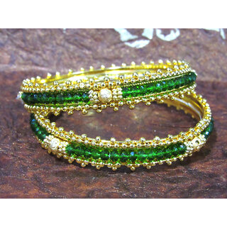                       Golden and Green Glass Beads Bangles Set of 2                                              