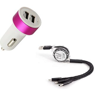 Combo of Car Charger ( 1A  2.4A)  multi retractable cable (USB, C type  Lightning Cable)