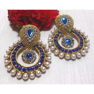                       Blue stone pearl polki earrings                                              