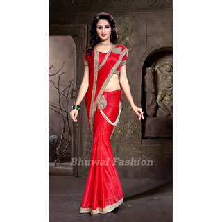 Bhuwal Fashion Red  Lycra  Self Design Saree With Blouse