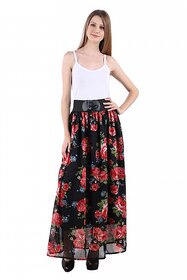 Raabta Black with Red  Multicolor Floral Print Skirt with waist Belt