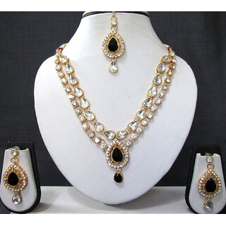                       Black 2 Line Tilak Stone Necklace Set                                              