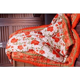 Krg Enterprises Jaipuri Single Cotton Printed Quilt/ Razai in Mogul design - Orange / Olive