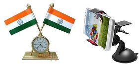 love4ride Indian Flag With Clock For Office Car Home + Car Mobile Holder