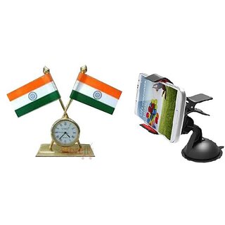 love4ride Indian Flag With Clock For Office Car Home + Car Mobile Holder